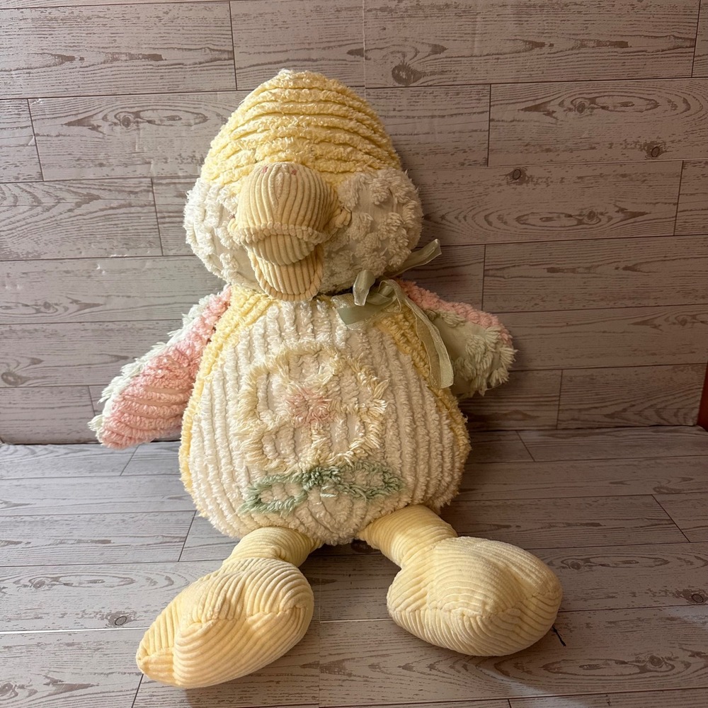 Vintage CWC Large Pastel Yellow Pink Corduroy Chenille Plush Nursery Duck 19 In